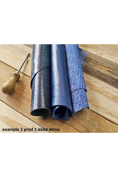 3 Random leather skins, BLUE tones, printed or/and solid leather,suede, metallic, choose your favourite match!