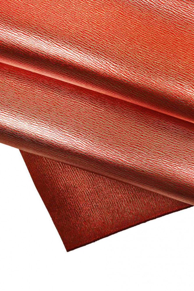 Red platinum METALLIC leather hide, bark like printed skin, shiny stiff calfskin