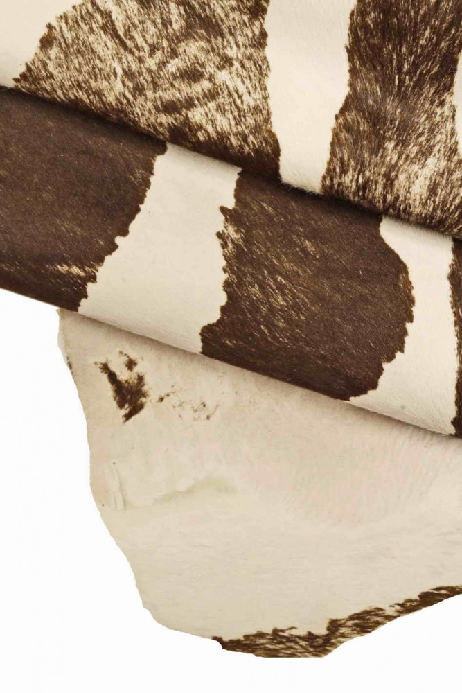 Milky WHITE hair on leather skin, brown maxi zebra printed calfskin, worn effect vintage hide
