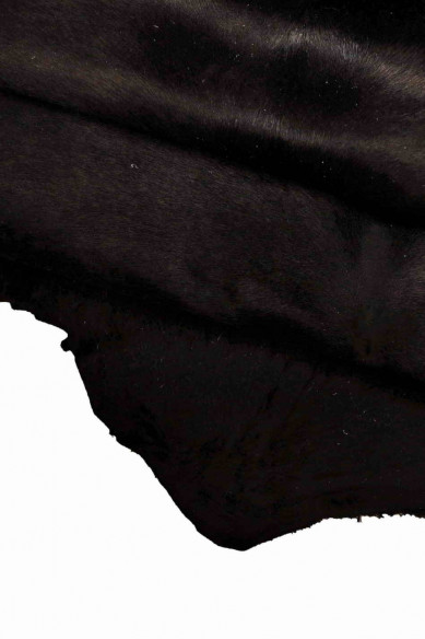 BLACK vintage hair on leather hide, spotted worn effect PONY calfskin, distressed hairy cowhide