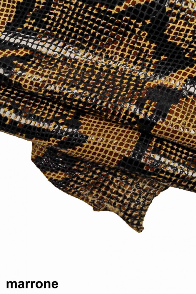 Brown black SNAKE PRINTED leather hide, tan glossy python textured goatskin, suede effect skin with reptile print