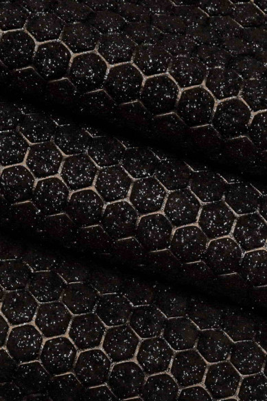 PELLE NERA stampata glitterata, pellame effetto camoscio stampa geometrica e brillantini, un po' rigida, 2 versioni