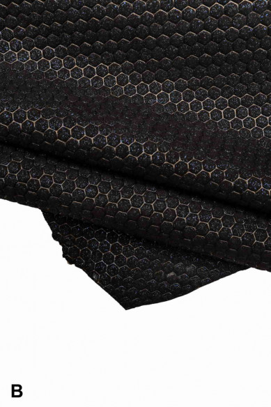 Black GLITTERED EMBOSSED leather skin, suede effect goatskin with geometrical print, shiny slightly stiff skin