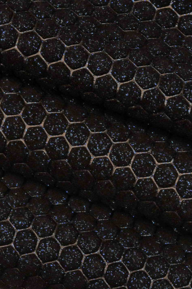Black GLITTERED EMBOSSED leather skin, suede effect goatskin with geometrical print, shiny slightly stiff skin