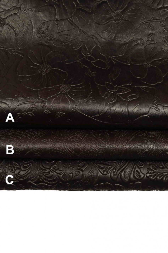 BROWN FLORAL embossed leather skin, dark brown washed, vegetable sheepskin with flower print, medium softness