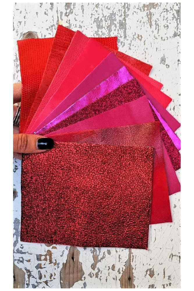 10 Selected leather scraps, color RED and FUCHSIA printed, foils, mix colorful selection pre-cut leather remnants as per picture