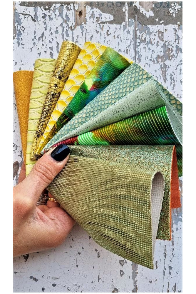 10 Selected leather scraps, GREEN and YELLOW colors, printed various, mix selection pre-cut leather remnants as per picture
