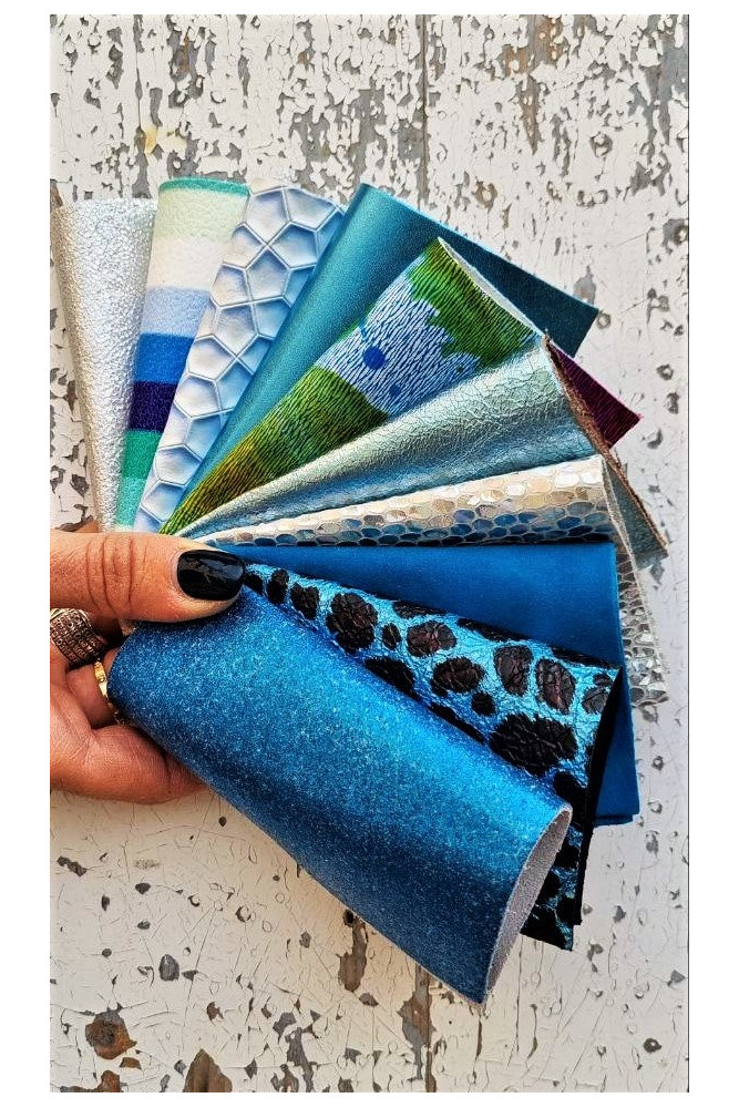 10 Selected leather scraps, BLUE and SILVER colors, printed various, mix selection pre-cut leather remnants as per picture