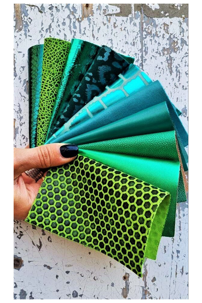 10 Selected leather scraps, GREEN color, printed and foils various, mix selection pre-cut leather remnants as per pictures