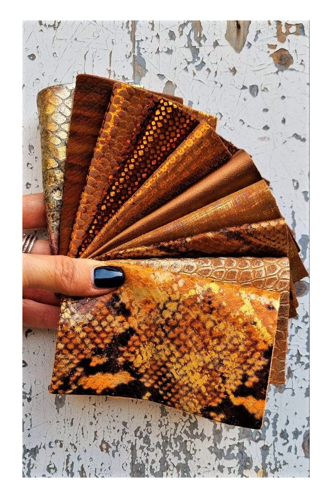 10 Selected leather scraps, color ORANGE printed, foils, mix colorful selection pre-cut leather remnants as per pictures