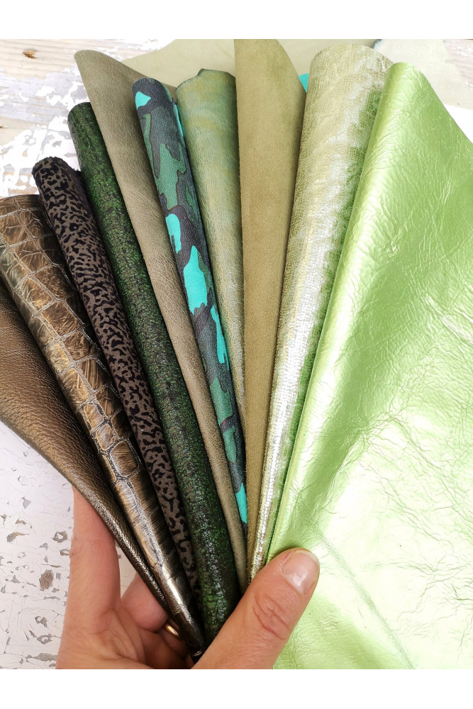 10 Selected leather scraps, GREEN, GREY, GUNMETAL tones, mix colorful selection leather remnants as per pictures  RT109