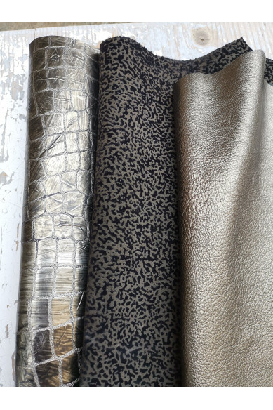 10 Ritagli di pellami unici selezionati, toni VERDE, GRIGIO, FUCILE, pezzi di pelle assortimento mix di fantasie come da foto RT