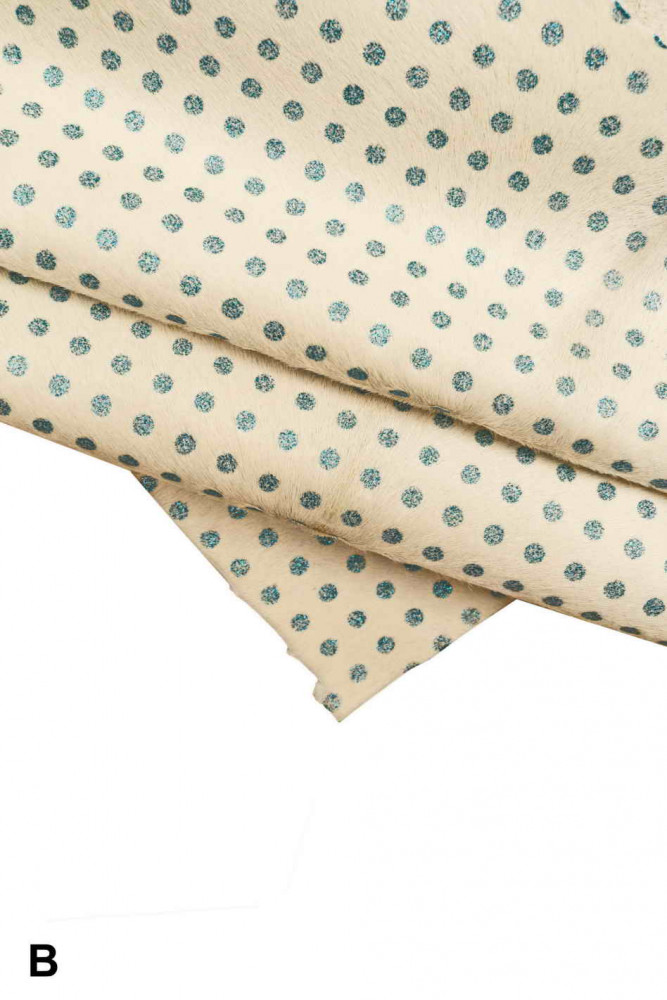 Polka DOTS printed hair on leather hide, white red and light blue metallic textured pony calfskin, stiff