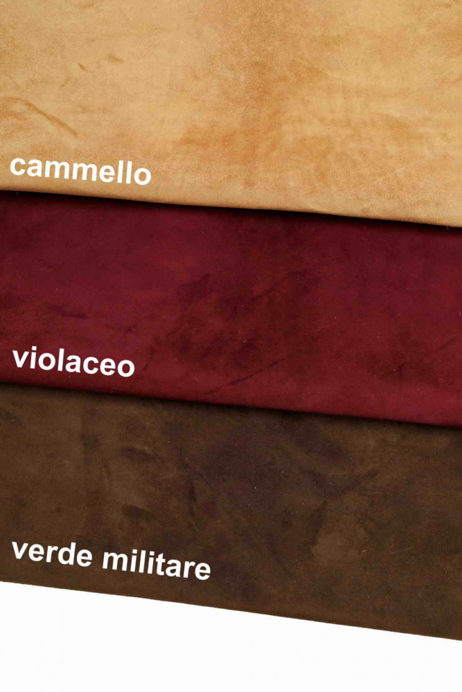 PREMIUM SUEDE camel/purple/green calfskin cowhide, soft, genuine italian leather skins for crafting, in 3 colors