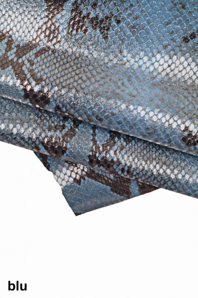 Pelle PITONATA taupe marrone rosa rosso e blu, vitello laminato stampa pitone, pellame disegno rettile morbido