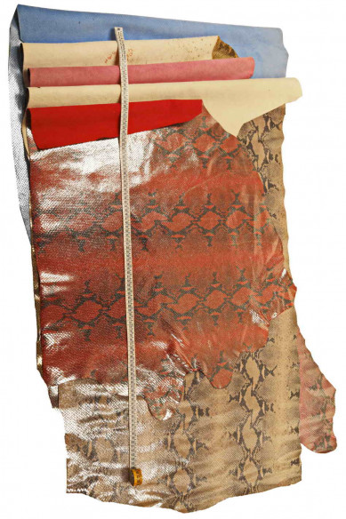 Pelle PITONATA taupe marrone rosa rosso e blu, vitello laminato stampa pitone, pellame disegno rettile morbido