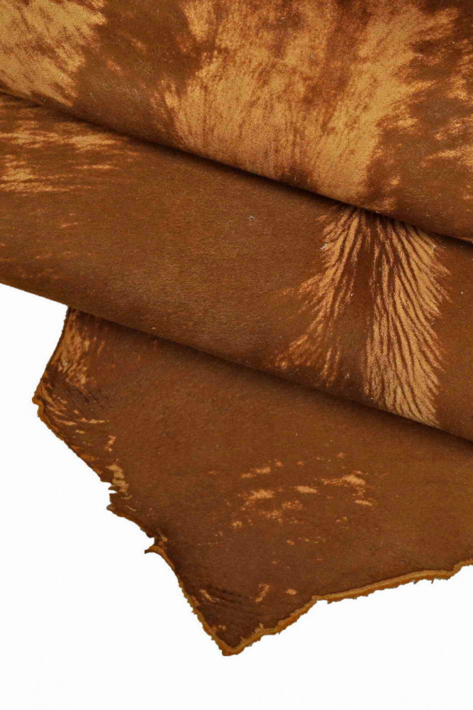 BROWN tan hair on leather hide, distressed soft calfskin, worn effect skin
