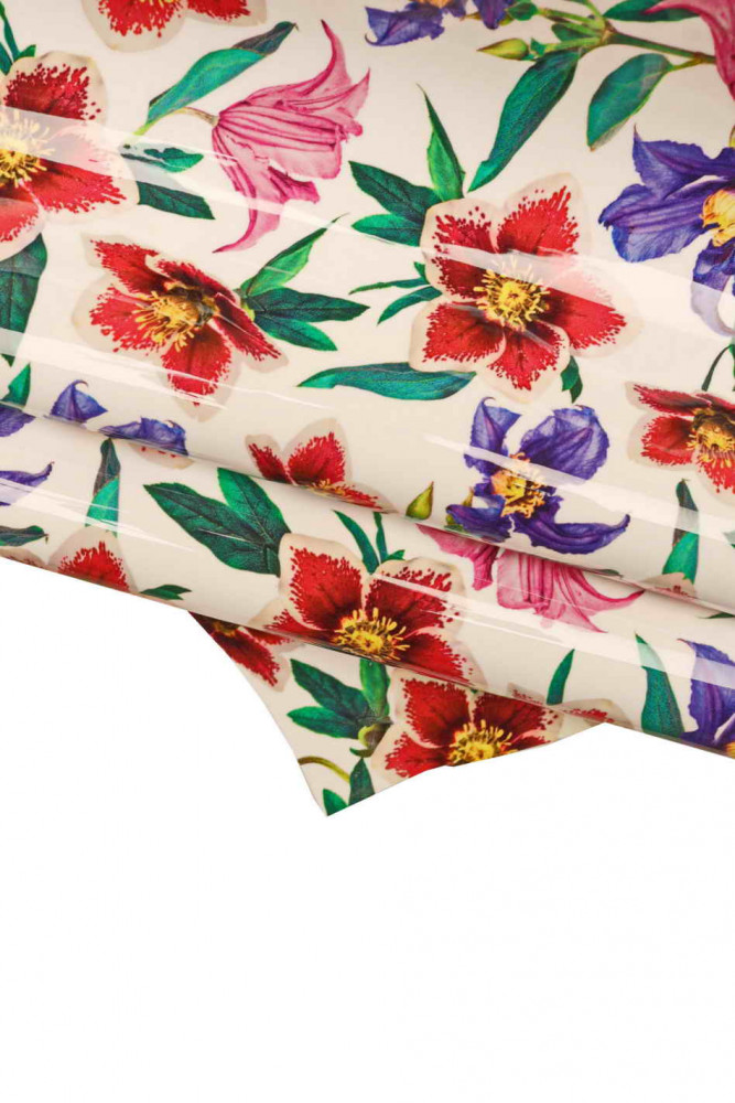 Multi color FLORAL printed leather hide, colorful patent skin with flowers, stiff