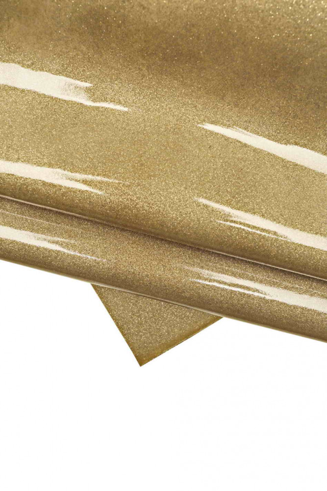 Beige PATENT leather hide with light gold glitter, metallic glittered cowhide, stiff glossy calfskin