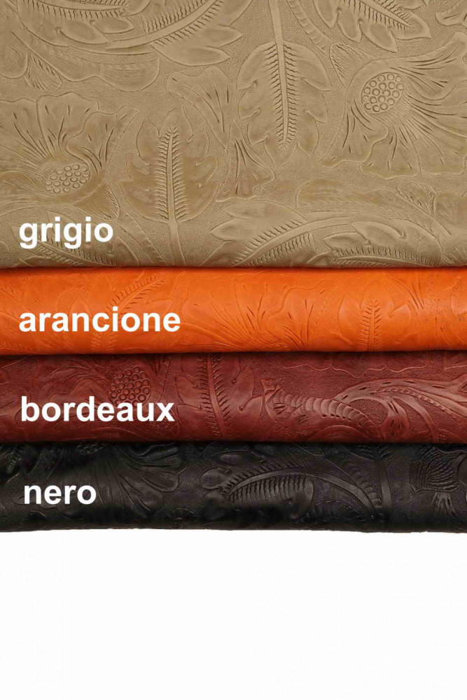 Orange burgundy black grey FLORAL embossed leather hide, textured sport calfskin
