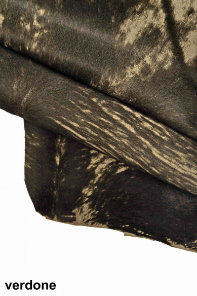 Brown, green, dark brown HAIR on leather hide, worn effect calfskin, vintage distressed skin