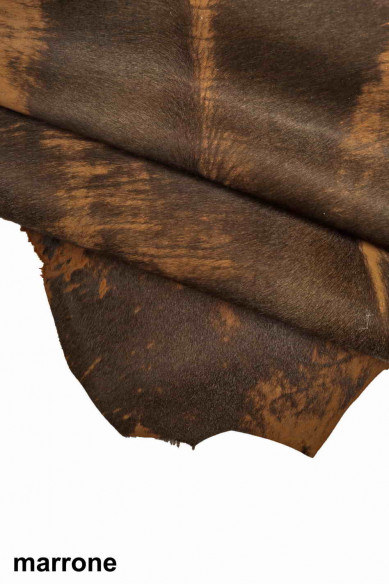 Brown, green, dark brown HAIR on leather hide, worn effect calfskin, vintage distressed skin