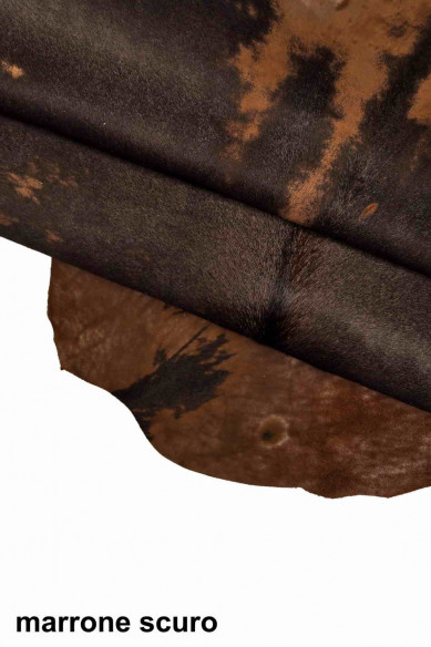 Brown, green, dark brown HAIR on leather hide, worn effect calfskin, vintage distressed skin