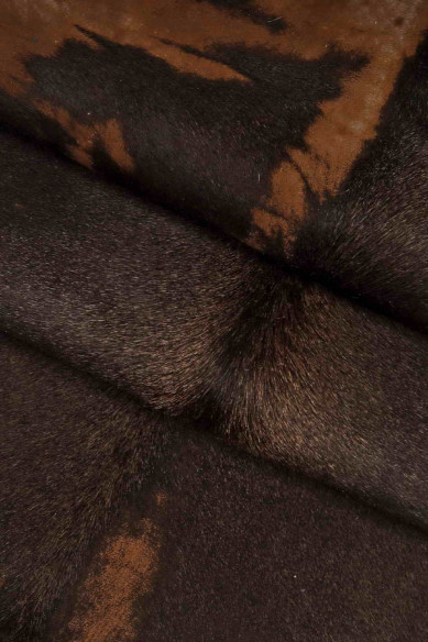 Brown, green, dark brown HAIR on leather hide, worn effect calfskin, vintage distressed skin