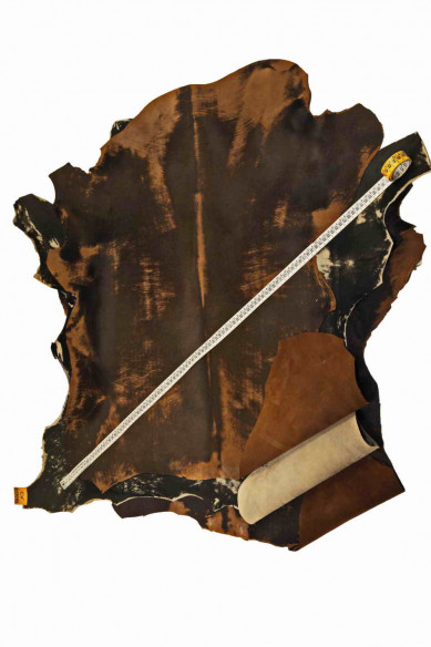 Brown, green, dark brown HAIR on leather hide, worn effect calfskin, vintage distressed skin