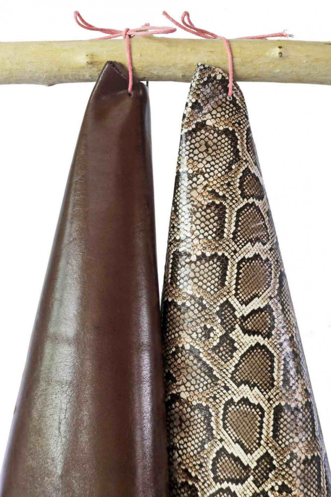 2 BROWN LEATHER hides, pair of matching skins, smooth nappa sheepskin and python printed goatskin