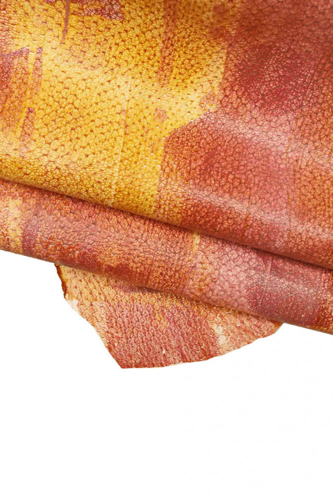 Yellow orange red ARTISTIC leather hide, textured goatskin with maxi stokes print, handmade, stiff