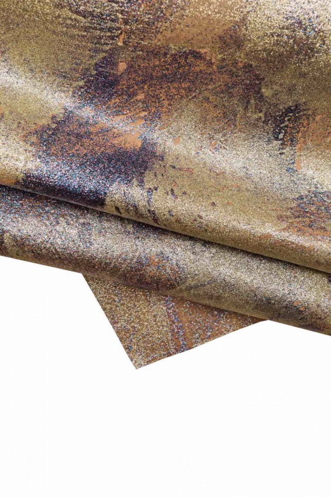 Lght gold GLITTER leather hide with abstract print, metallic calfskin with artistic decoration, medium softness