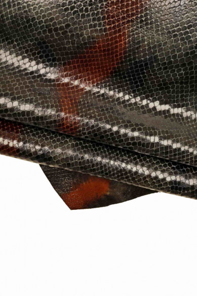 Green red blue SNAKE textured goatskin, glossy python printed skin, reptile print on soft leather hide