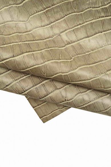 Grey CROCODILE embossed leather hide, semi glossy croc printed cowhide, stiff gray vintage effect calfskin