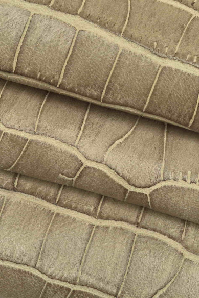 Grey CROCODILE embossed leather hide, semi glossy croc printed cowhide, stiff gray vintage effect calfskin