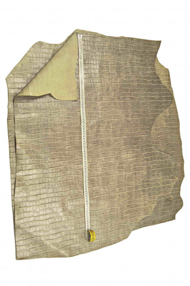 Grey CROCODILE embossed leather hide, semi glossy croc printed cowhide, stiff gray vintage effect calfskin
