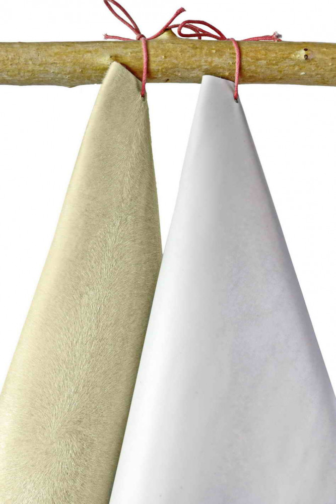 Lot of 2 white, creamy white matching leather hides, mix of 2 skins, one hair on leather and one smooth baby calfskin