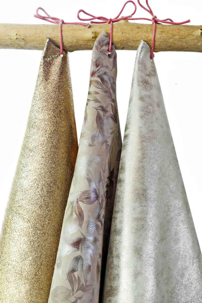 MIX of 3 white, pink, light gold matching leather skins, set of metallic, floral printed goatskins, glossy, shiny skins