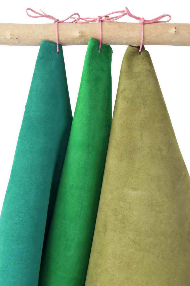 Mix of 3 green SUEDE leather skins, set of matching velour goatskins, 3 soft suede hides as a picture