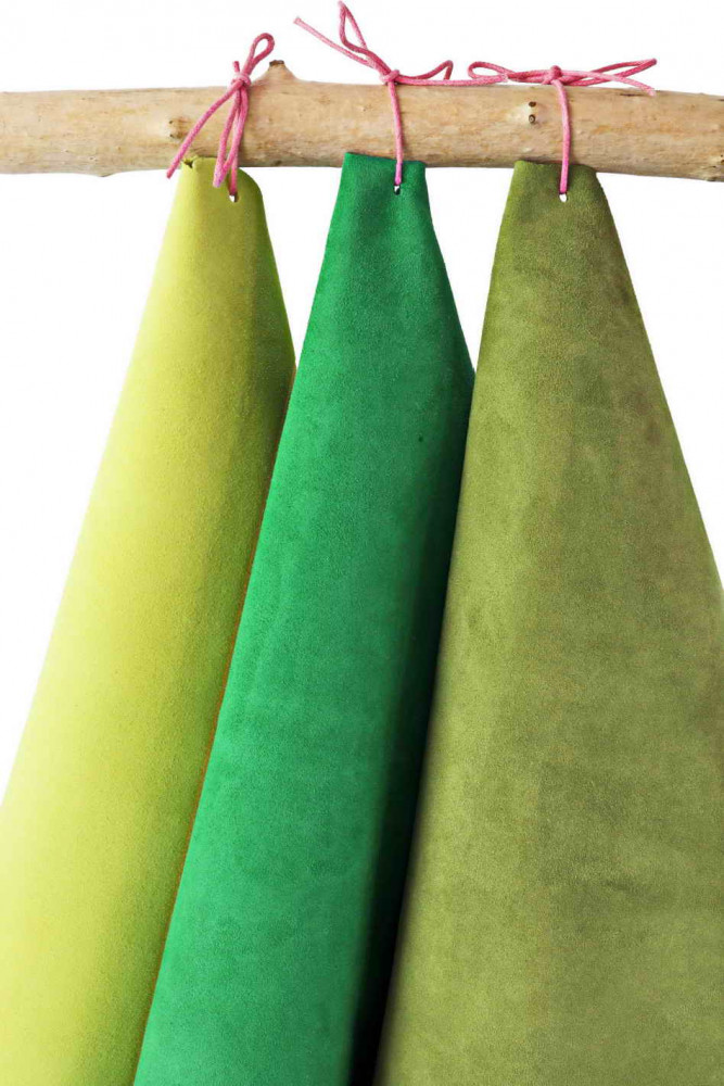 Lot of 3 GREEN yellow suede leather skins, set of soft matching suede goatskins as per picture
