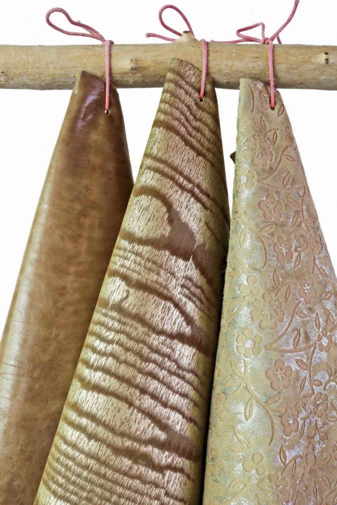 Lot of 3 BROWN, taupe, silver leather hides, set of metallic, printed, sporty matching skins