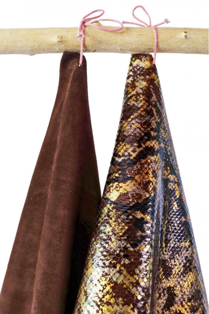 2 BROWN leather hides, set of 2 matching cowhides, suede and python printed calfskins