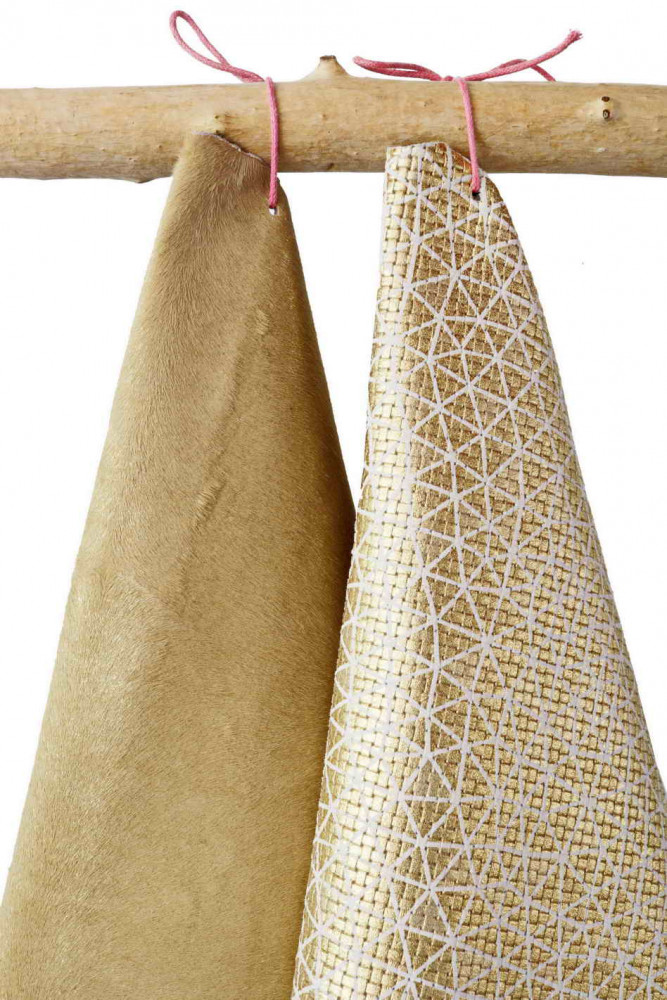 SET of 2 gold metallic leather hides, lot of matching skins, hair on leather hide and geometrical printed goatskin