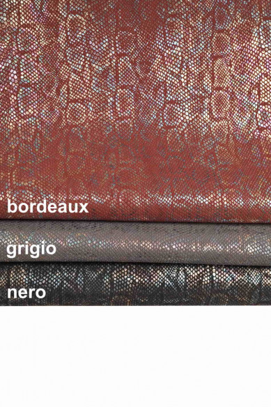 Pelle OLEOGRAFICA stampa pitone, pellame laminato iridescente disegno serpente, capra stampa rettile metallizzata morbida