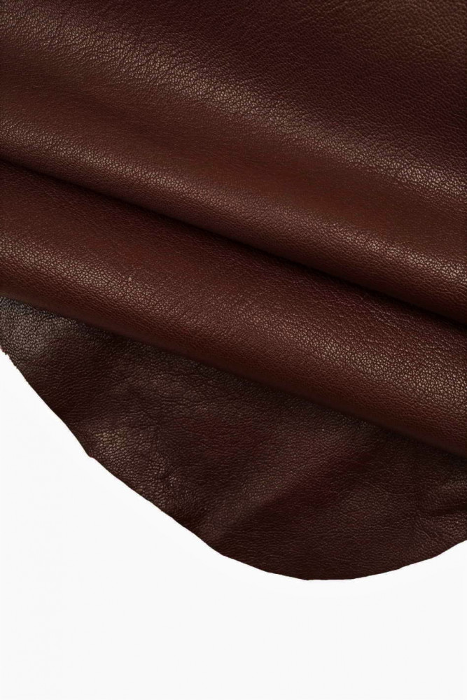 BURGUNDY milled leather hide, semi-glossy pebble grain print goatskin, distressed, vintage, soft italian skin