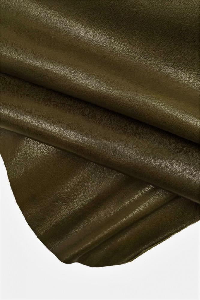 Dark green VINTAGE leather skin, glossy, sporty with light shade effect goatskin, distressed, soft, hide