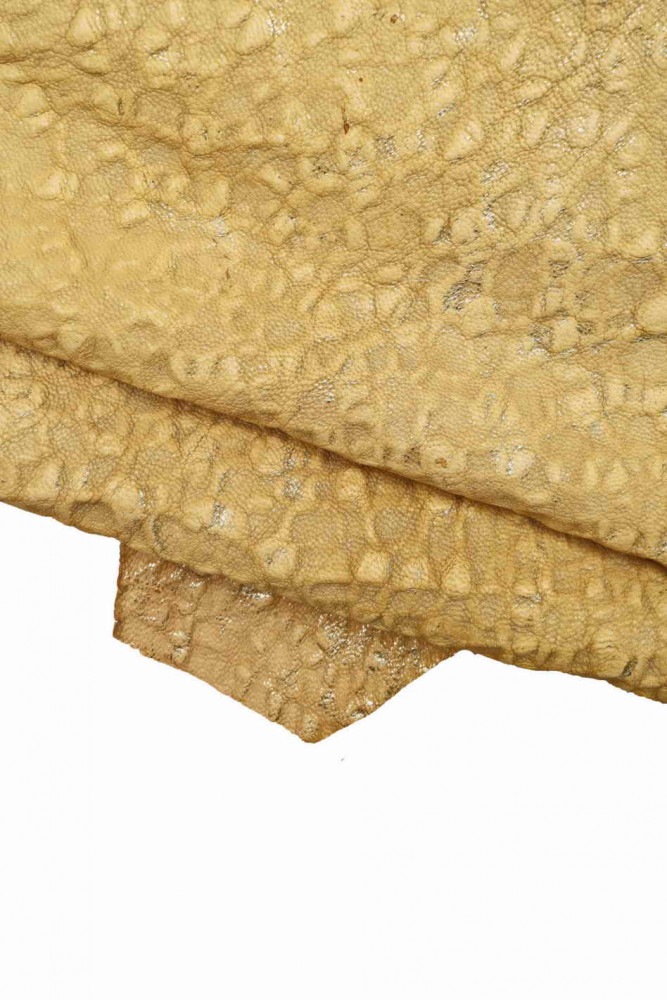 Beige sporty leather skin, washed printed goatskin with gold foil, soft VINTAGE hide