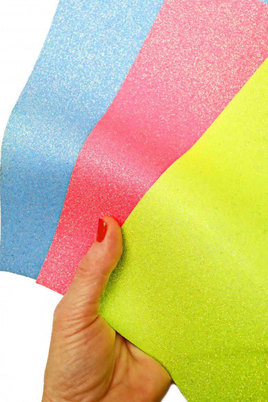 Selected leather pieces, GLITTER SPARKLES bright colors, selection of leather remnants as per pictures  12x12" / 10x8"