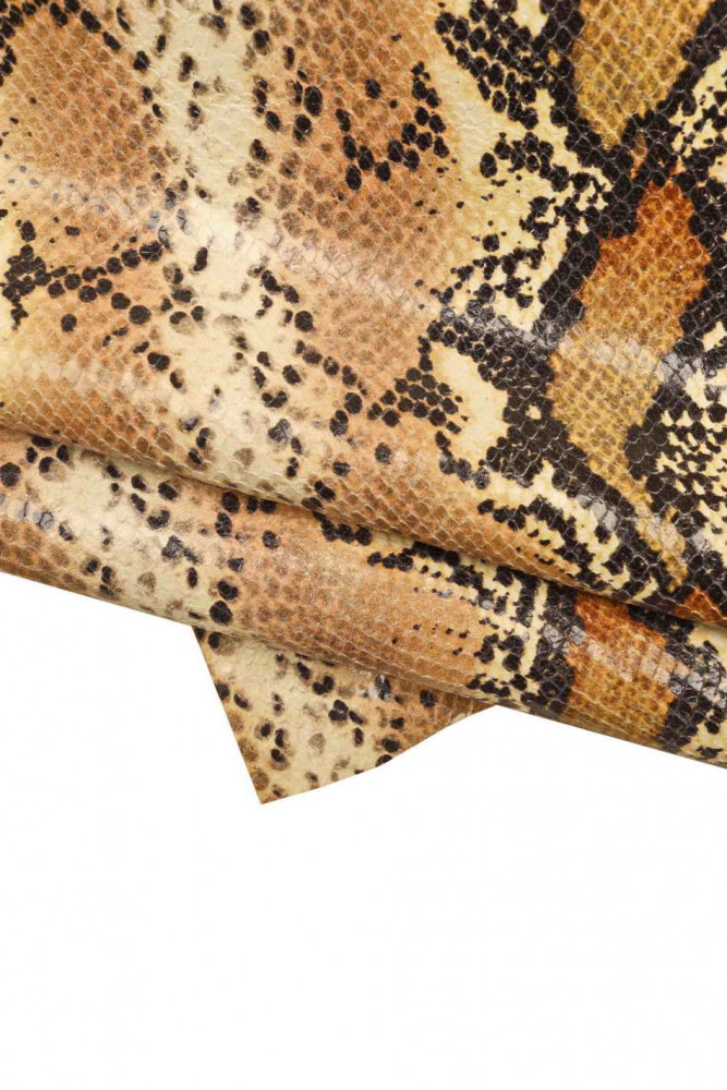 Orange python textured leather skin, reptile printed glossy goatskin, snake pattern soft skin