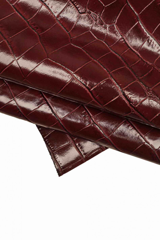 Burgundy CROC printed leather hide, crocodile embossed calfskin, glossy stiff cowhide